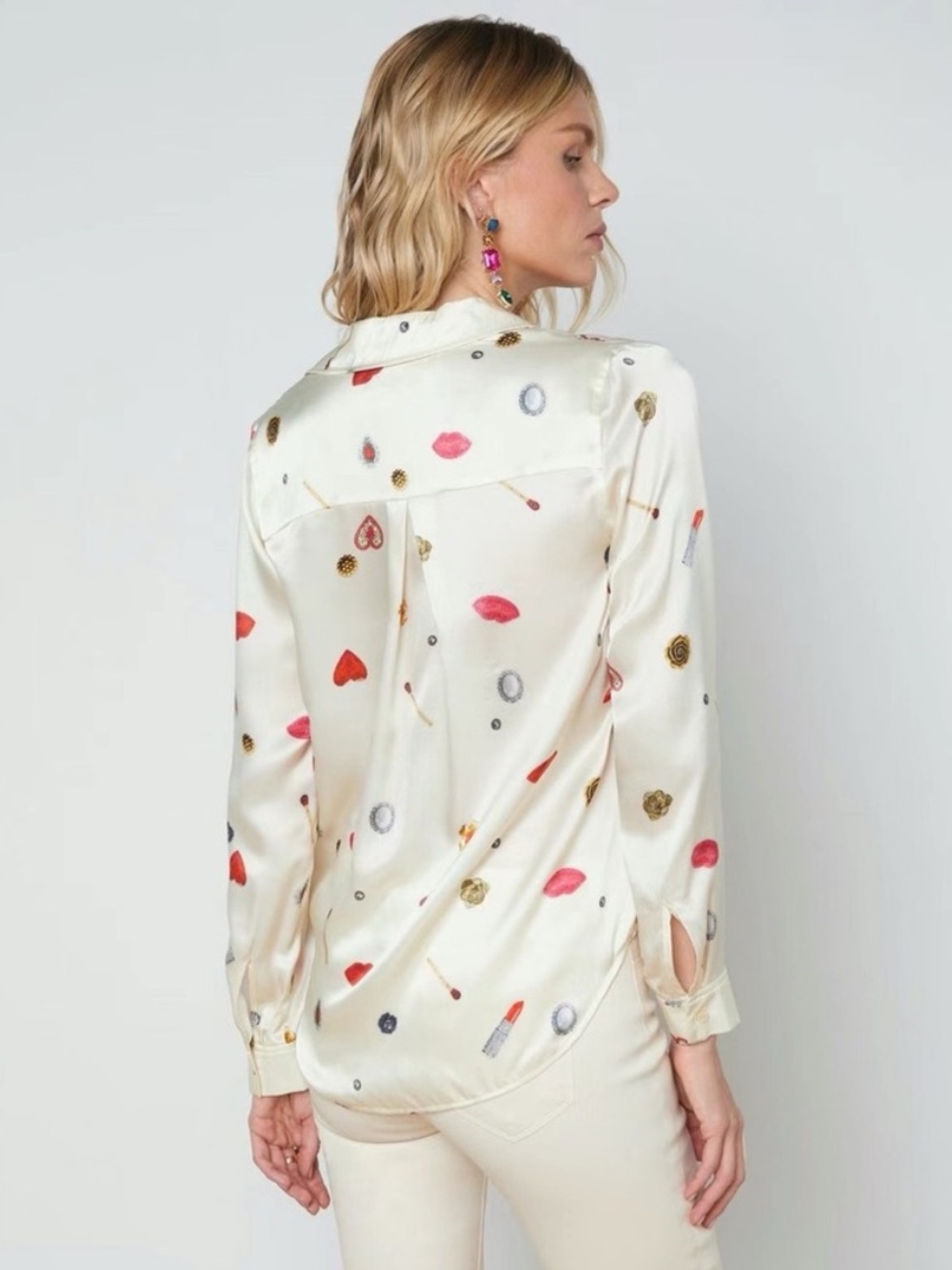 L’Agence Tyler Silk Champagne Multi Heart Jewel Button Up Long Sleeve Blouse - Picture 2 of 13